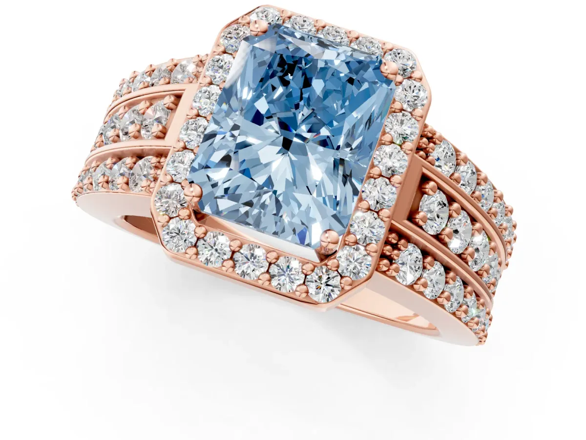 Fancy Blue Radiant Cut Halo Diamond Ring with Round Split Shank and Prong Setting Rose gold