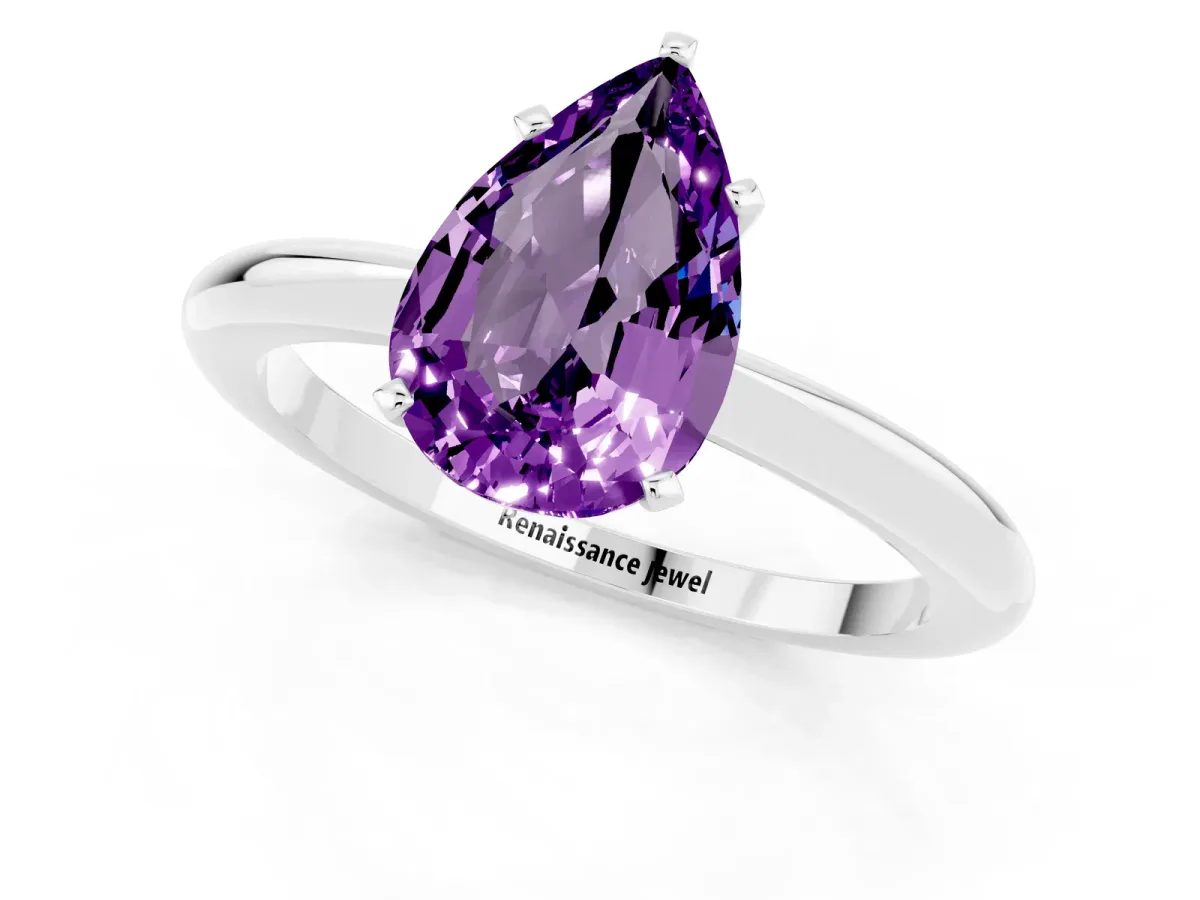 Pear Cut Amethyst Solitaire Ring with Six-Prong Setting and Classic Band Platinum