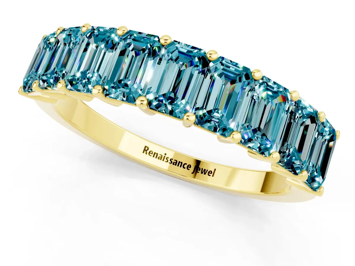 Emerald Cut Blue Topaz Prong-Set Eternity Band Yellow gold