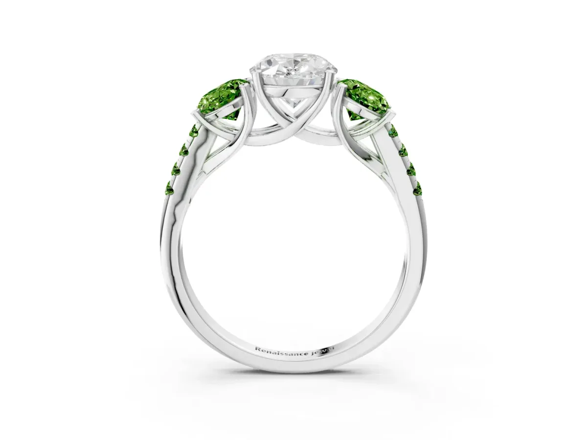 Three-Stone Oval Cut Diamond Ring with Round Peridot Pavé Band and Prong Setting Platinum