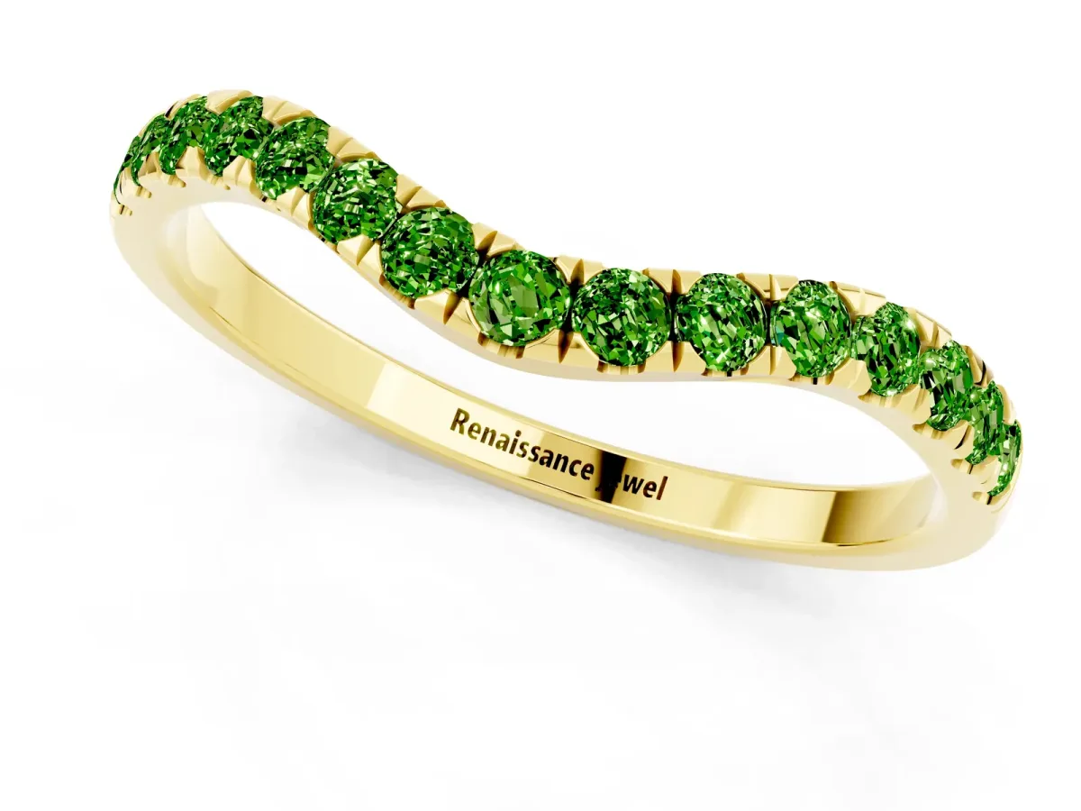Curved Pavé Round Peridot Wedding Band with Shared Prong Setting Yellow gold