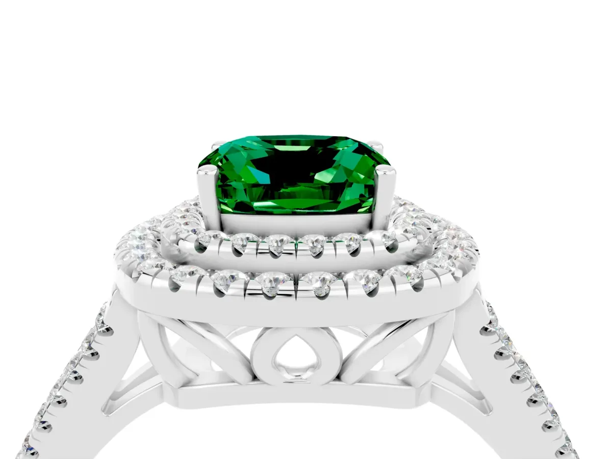 Cushion Cut Emerald Double Halo Ring with Pavé Band and Prong Setting Platinum