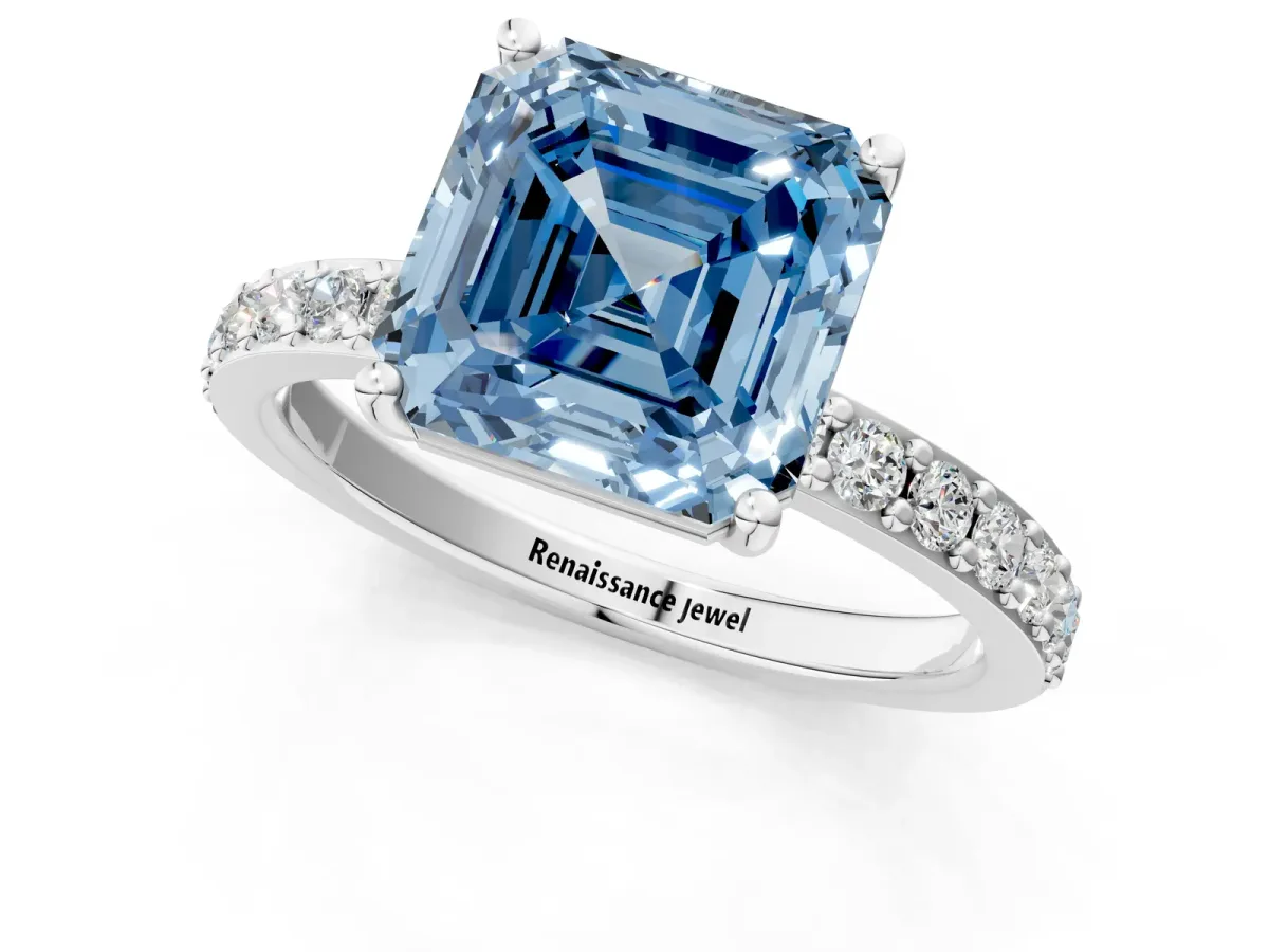 Fancy Blue Asscher Cut Cut Diamond Solitaire with Pave Band and Four-Prong Setting Platinum