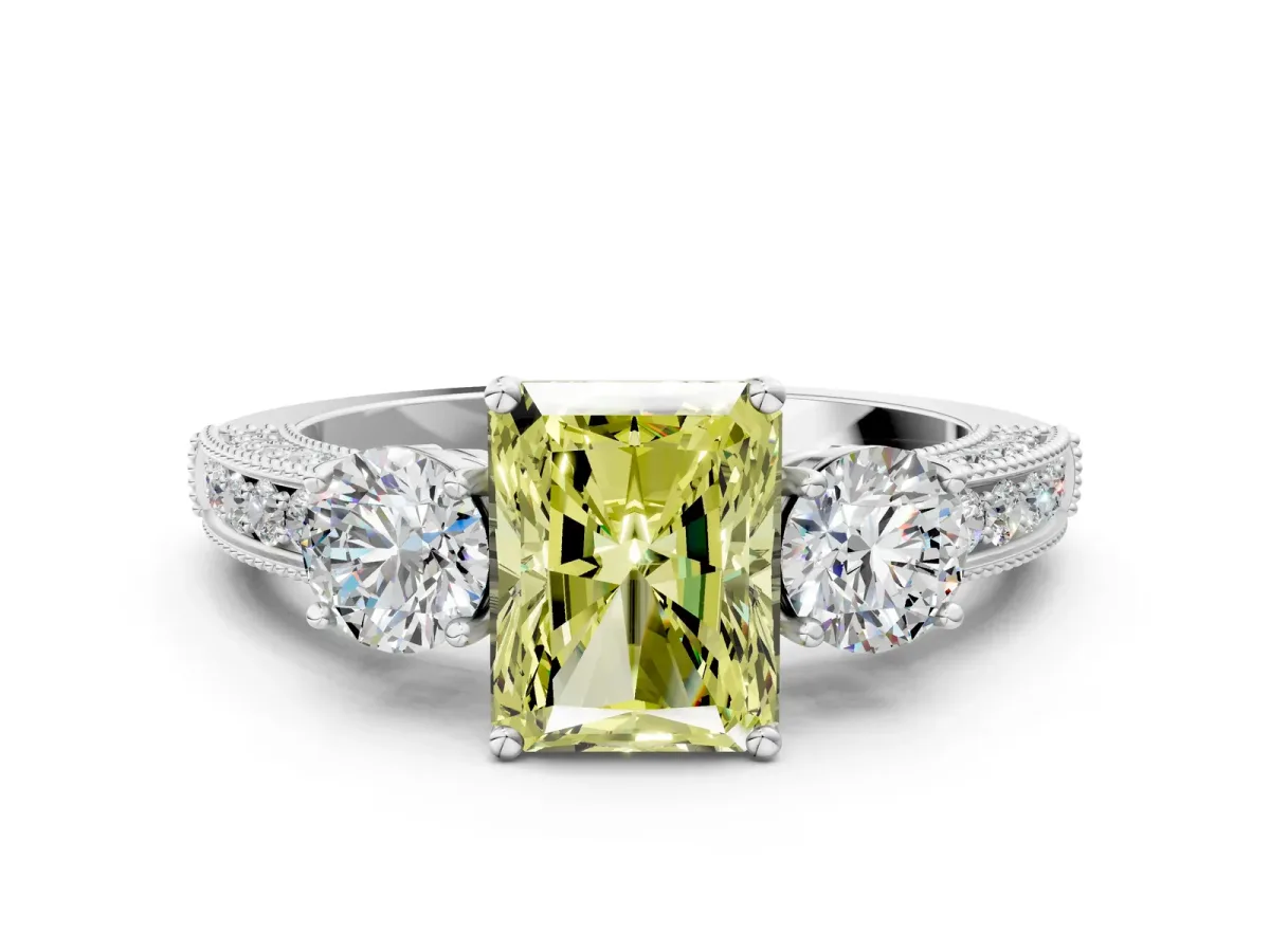 Fancy Yellow Radiant Cut Three-Stone Diamond Ring with Pavé Band and Four-Prong Setting Platinum