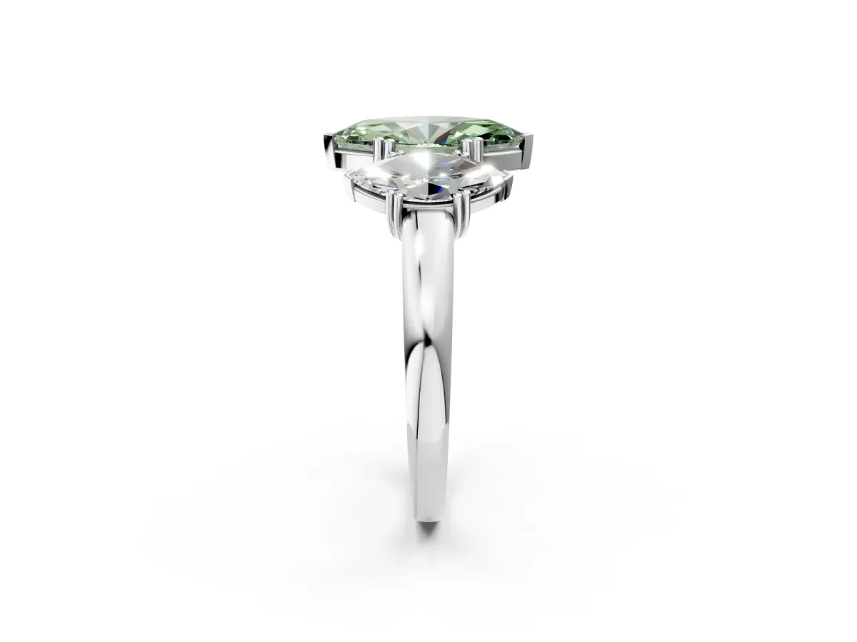 Fancy Green Three-Stone Marquise Cut Cut Diamond Ring with Channel Set Band and Four-Prong Setting Silver