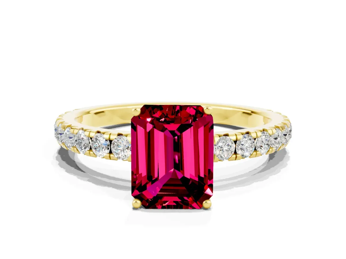 Emerald Cut Garnet Pavé Solitaire Engagement Ring with Four-Prong Setting Yellow gold