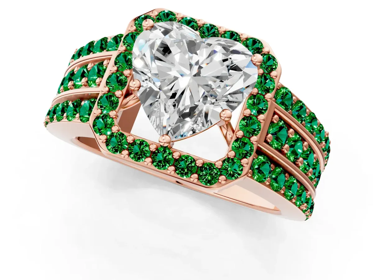 Heart Cut Halo Diamond Ring with Round Emerald Split Shank and Prong Setting Rose gold
