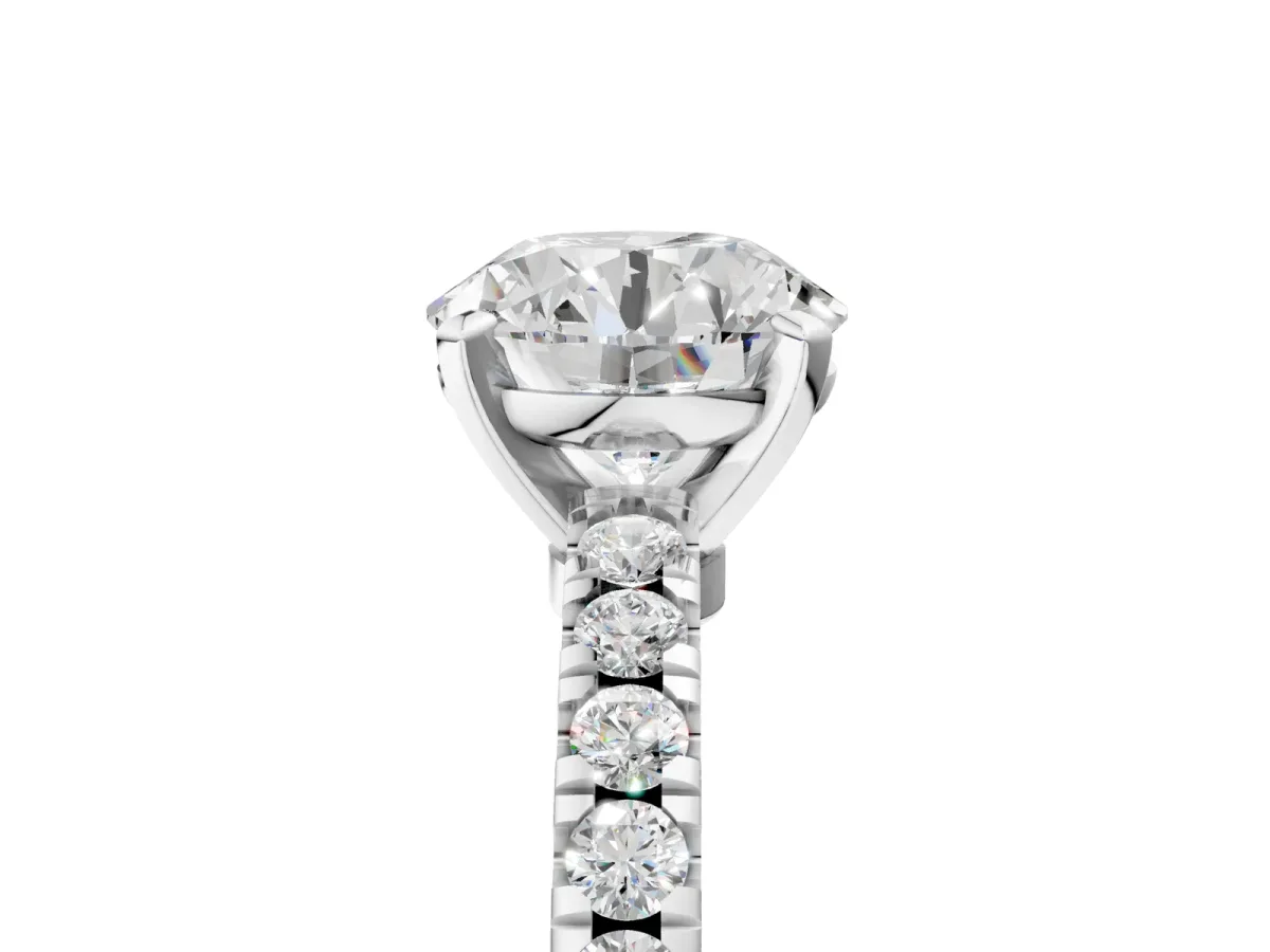 Round Cut Solitaire Diamond with Pavé Band and Four-Prong Setting Silver