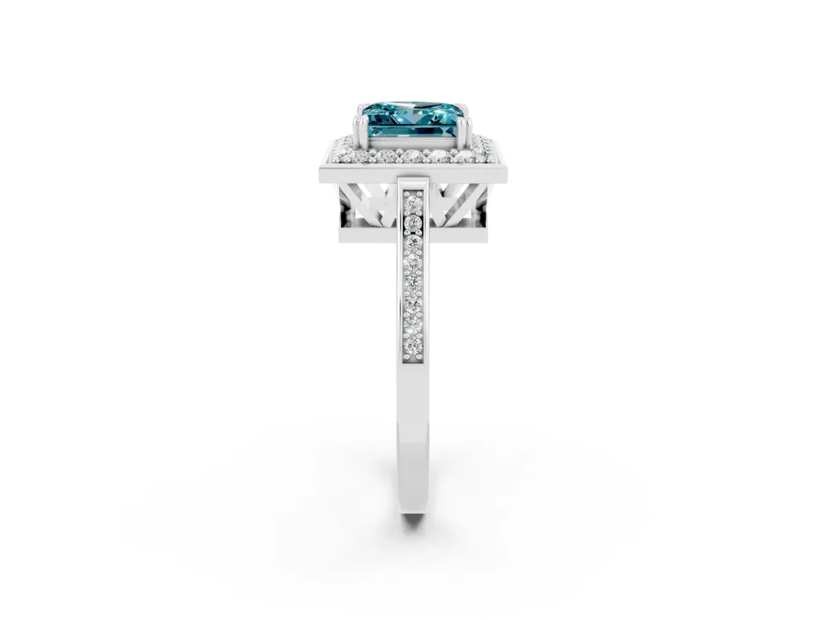 Princess Cut Blue Topaz Halo Ring with Split Shank and Four-Prong Setting Platinum