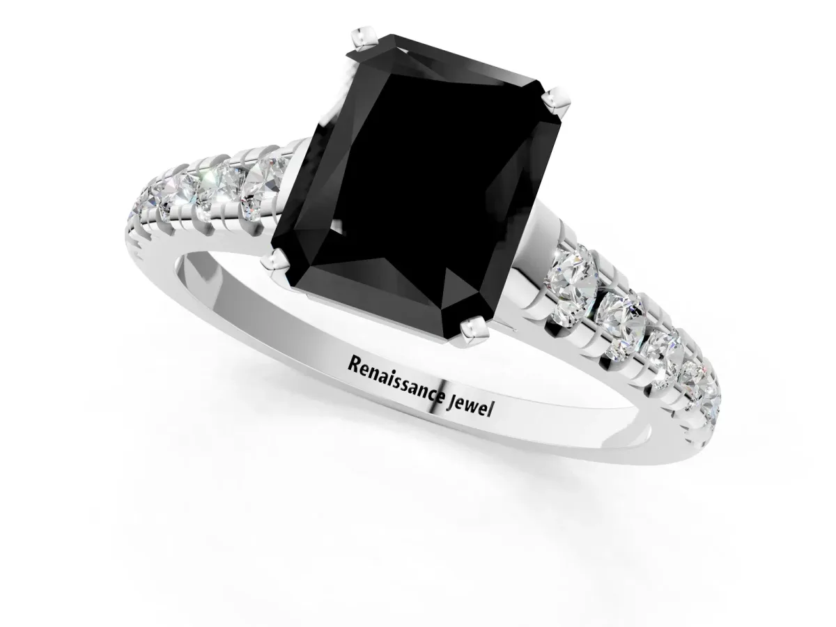 Fancy Black Radiant Cut Diamond Cathedral Solitaire Ring with Round Pavé Band Silver
