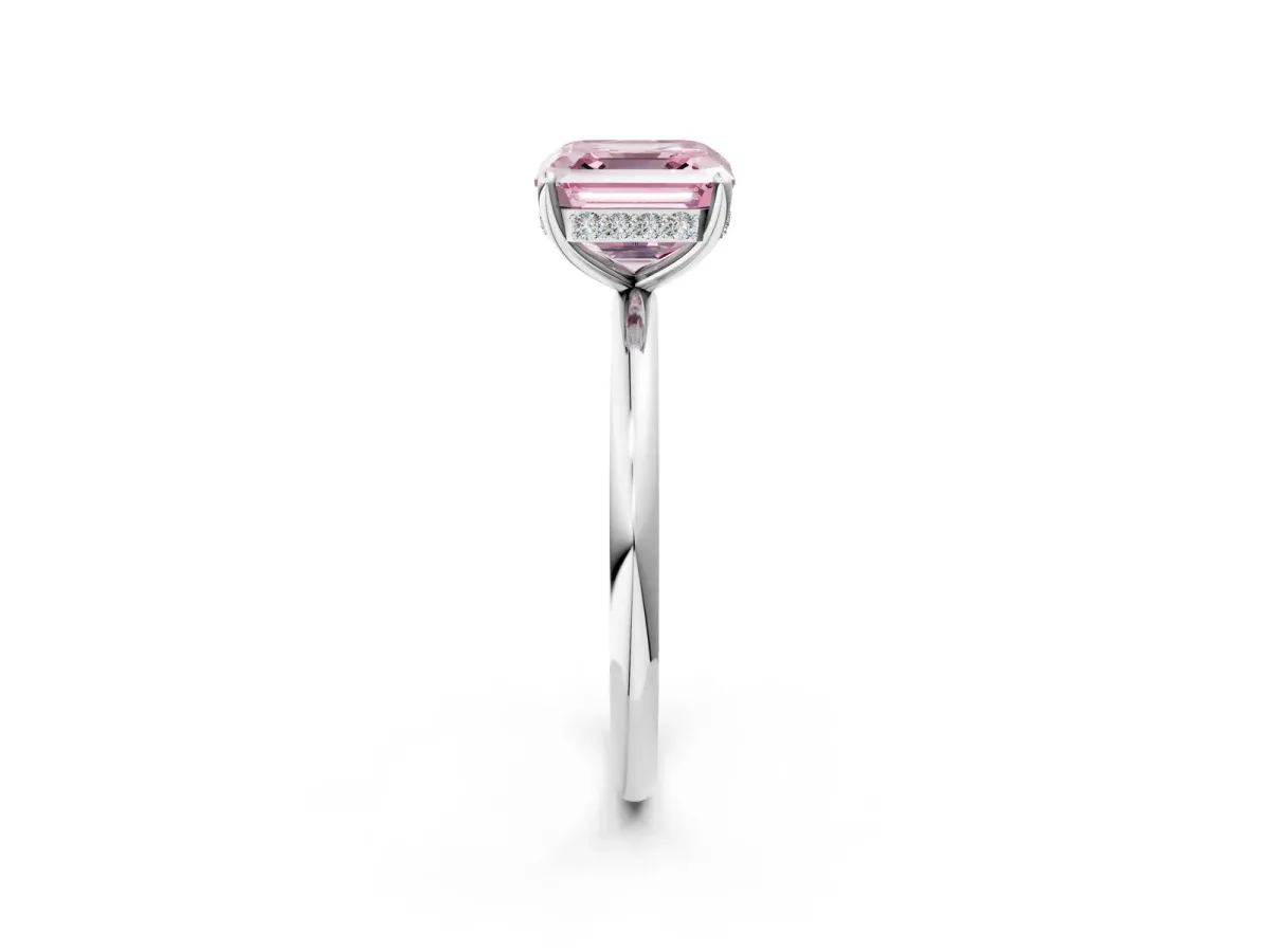 Fancy Pink Asscher Cut Solitaire Diamond Ring with a Classic Band and Four-Prong Setting Platinum