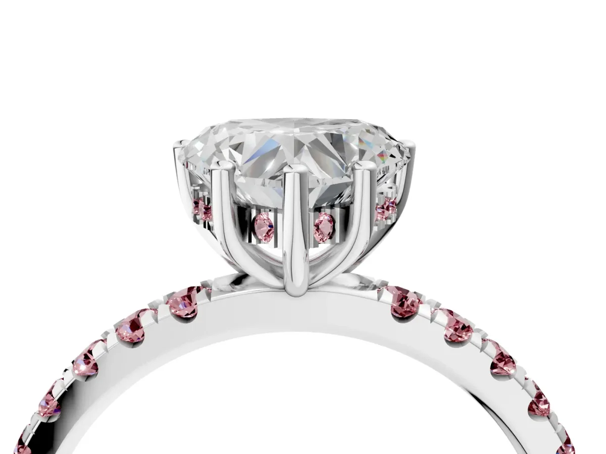 Heart Cut Diamond Pave Band Solitaire Ring with Round Morganite and Prong Setting Silver