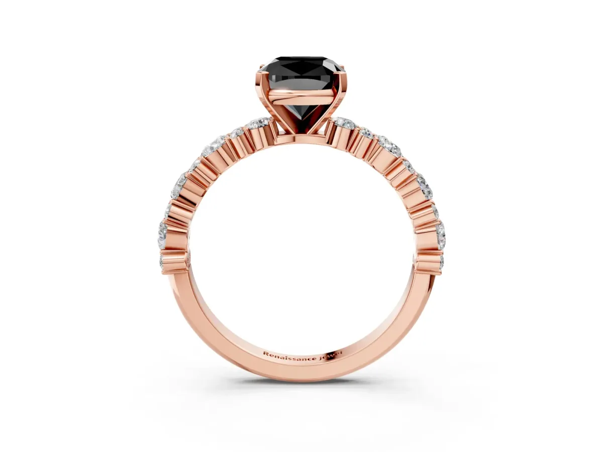 Fancy Black Cushion Cut Diamond Side Stone Solitaire Ring with Round and Four-Prong Setting Rose gold