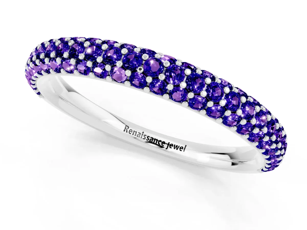 Round Tanzanite Pavé Eternity Band with Shared Prong Setting White gold