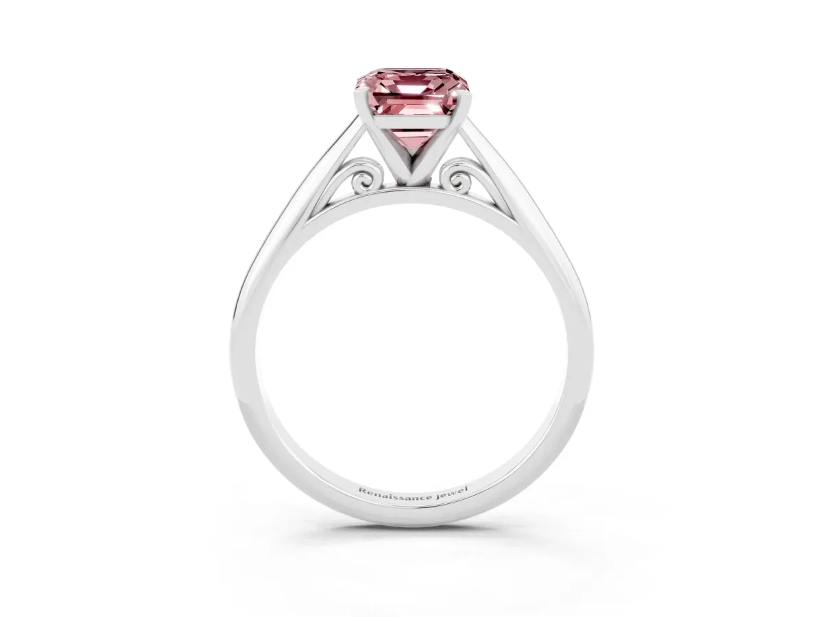 Emerald Cut Morganite Solitaire Engagement Ring with Cathedral Setting and Four-Prong Mount White gold
