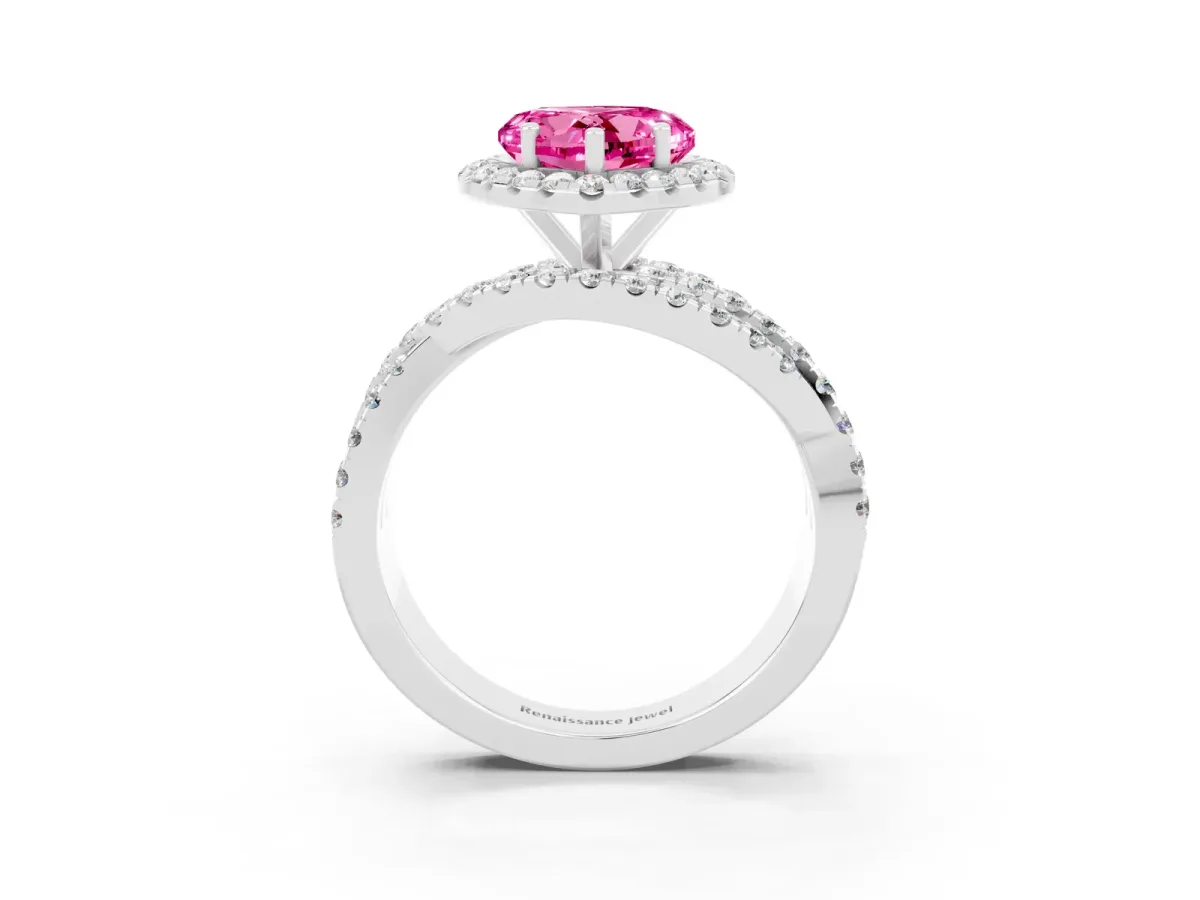 Heart Cut Pink Sapphire Halo Ring with Round Split Shank and Prong Setting Platinum