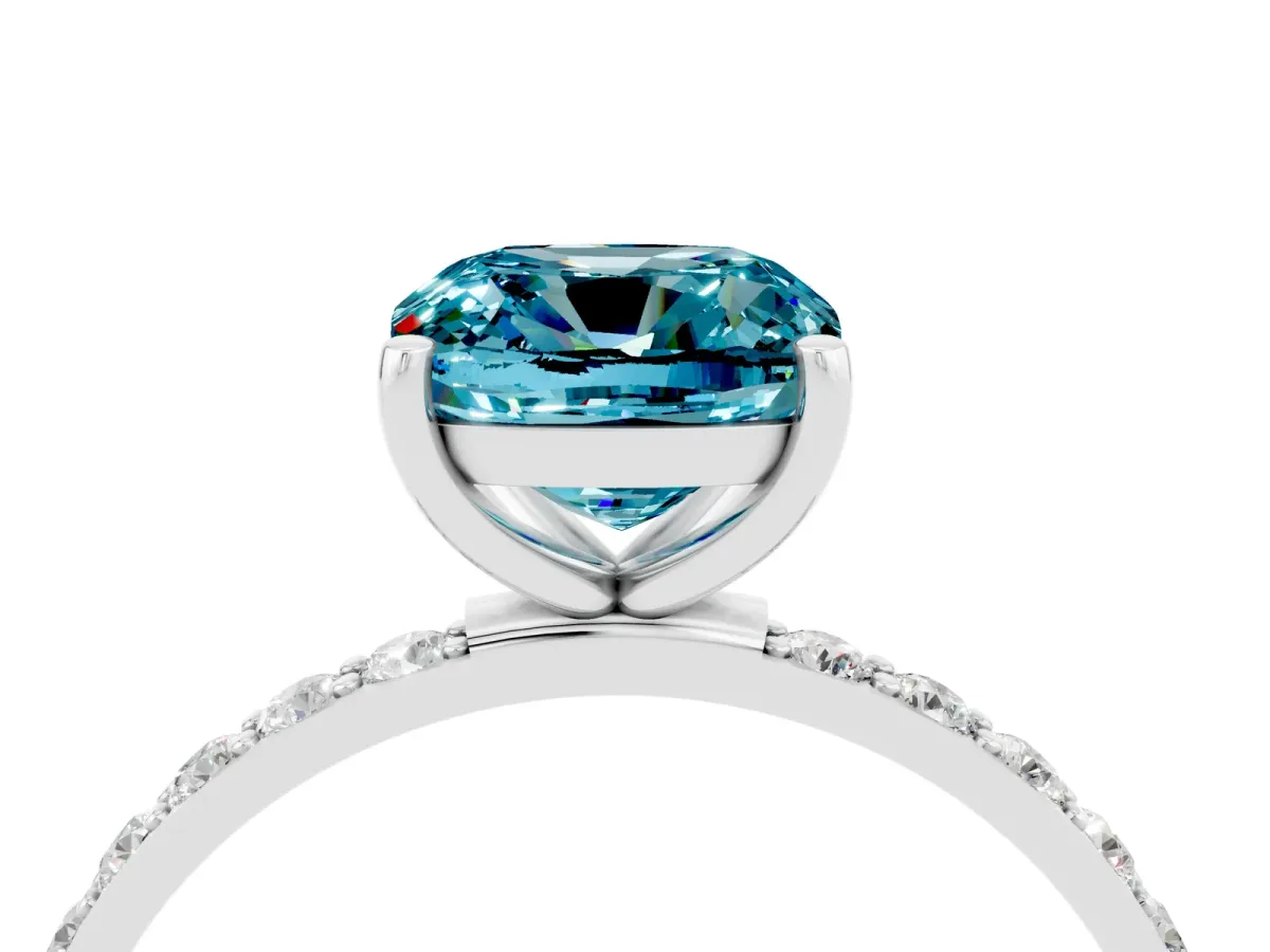 Cushion Cut Blue Topaz Solitaire Ring with Round Pavé Band and Prong Setting Silver
