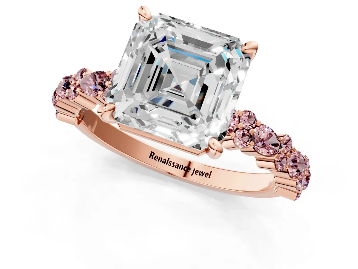 Asscher Cut Diamond Side Stone Solitaire Ring with Round Morganite and Four-Prong Setting Rose gold
