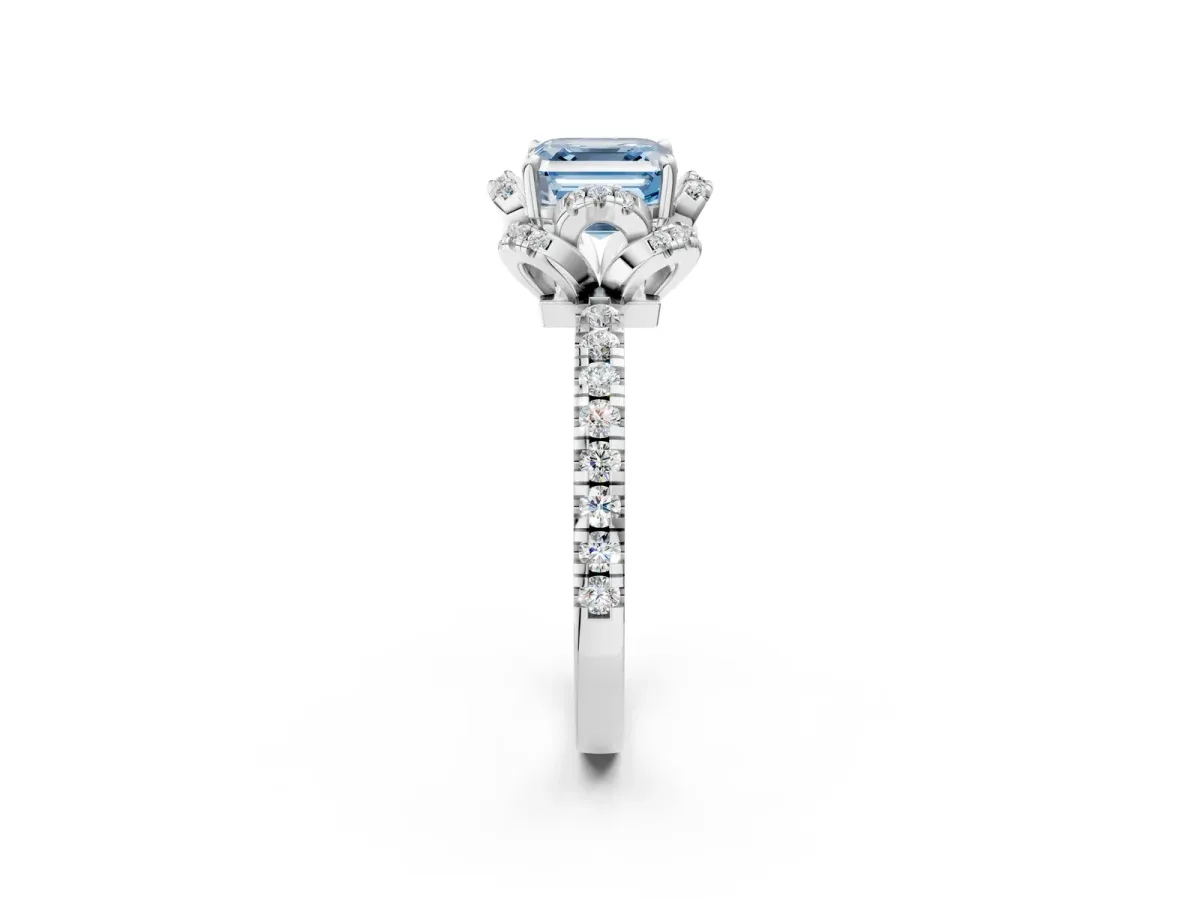 Fancy Blue Asscher Cut Halo Diamond Pave Band Ring with Four-Prong Setting Platinum