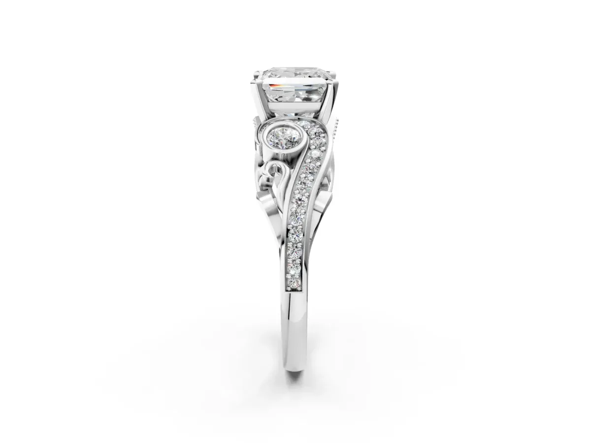 Princess Cut Diamond Solitaire Ring with Milgrain Pavé Band and Four-Prong Setting Silver