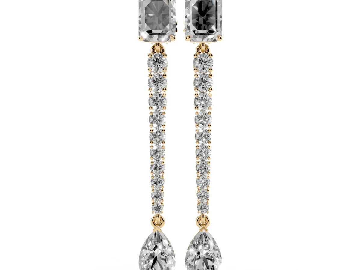 Emerald and Pear Diamond Linear Earrings with Round Lab Grown Diamond Accents Yellow gold