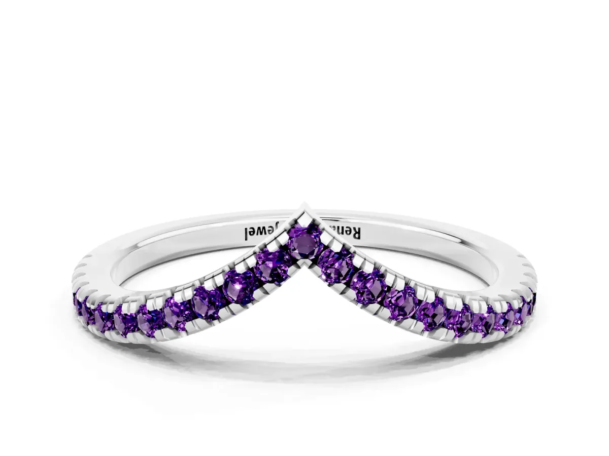 Pavé Round Amethyst V-Shaped Chevron Band with Shared Prong Setting White gold