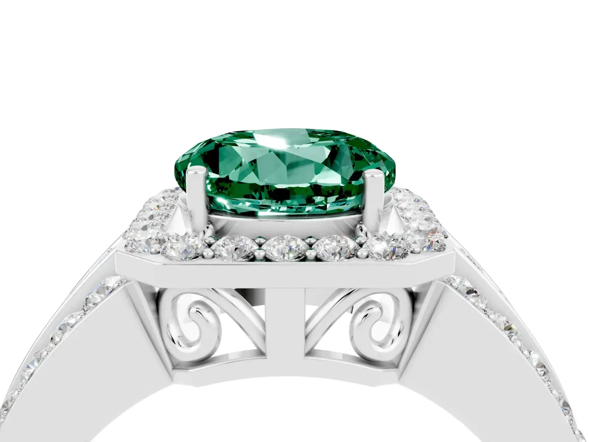Round Cut Halo Green Sapphire Ring with Round Split Shank and Prong Setting Silver