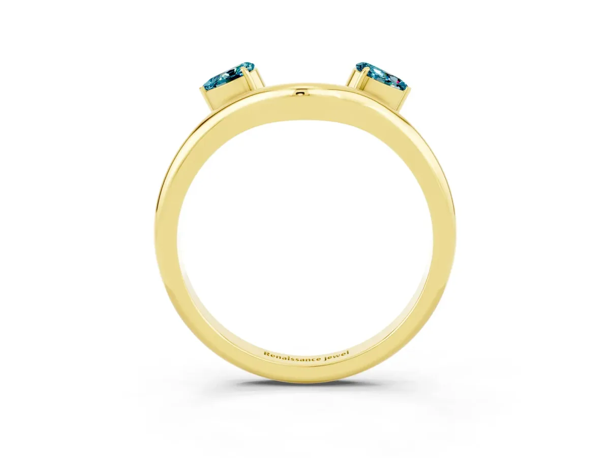 Pear Cut Blue Topaz Two-Stone Open Band Ring with Prong Setting Yellow gold
