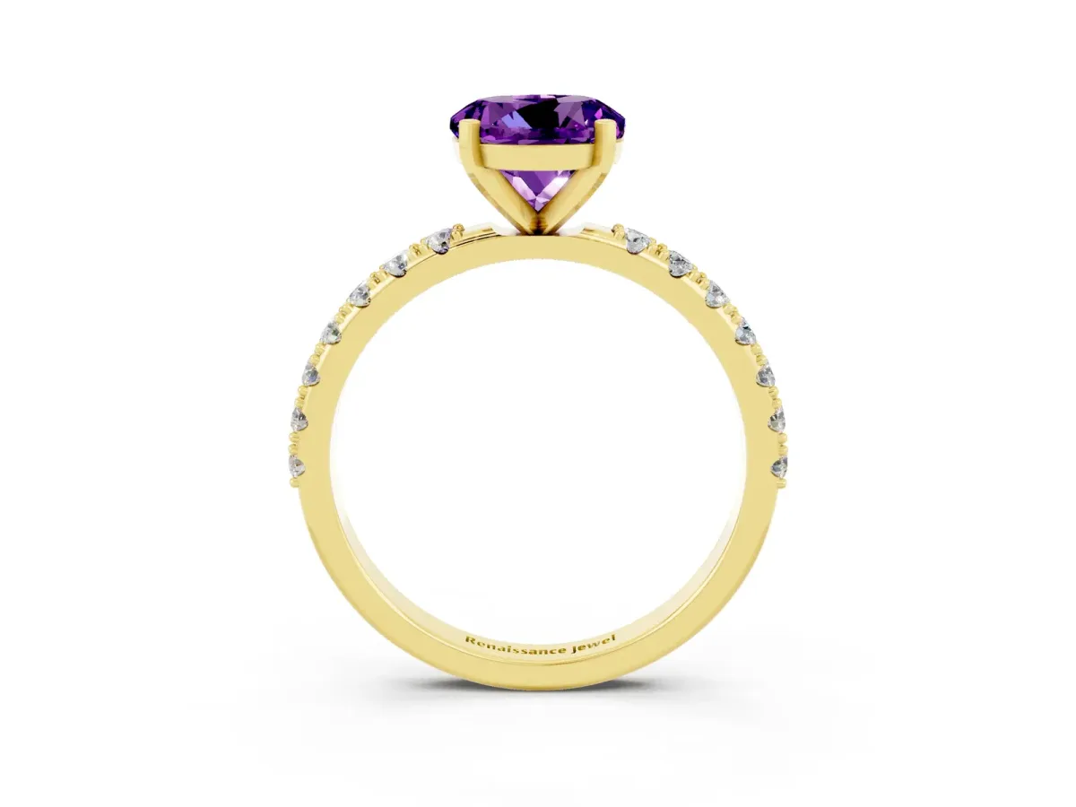 Round Cut Amethyst Solitaire Pavé Band with Four-Prong Setting Yellow gold