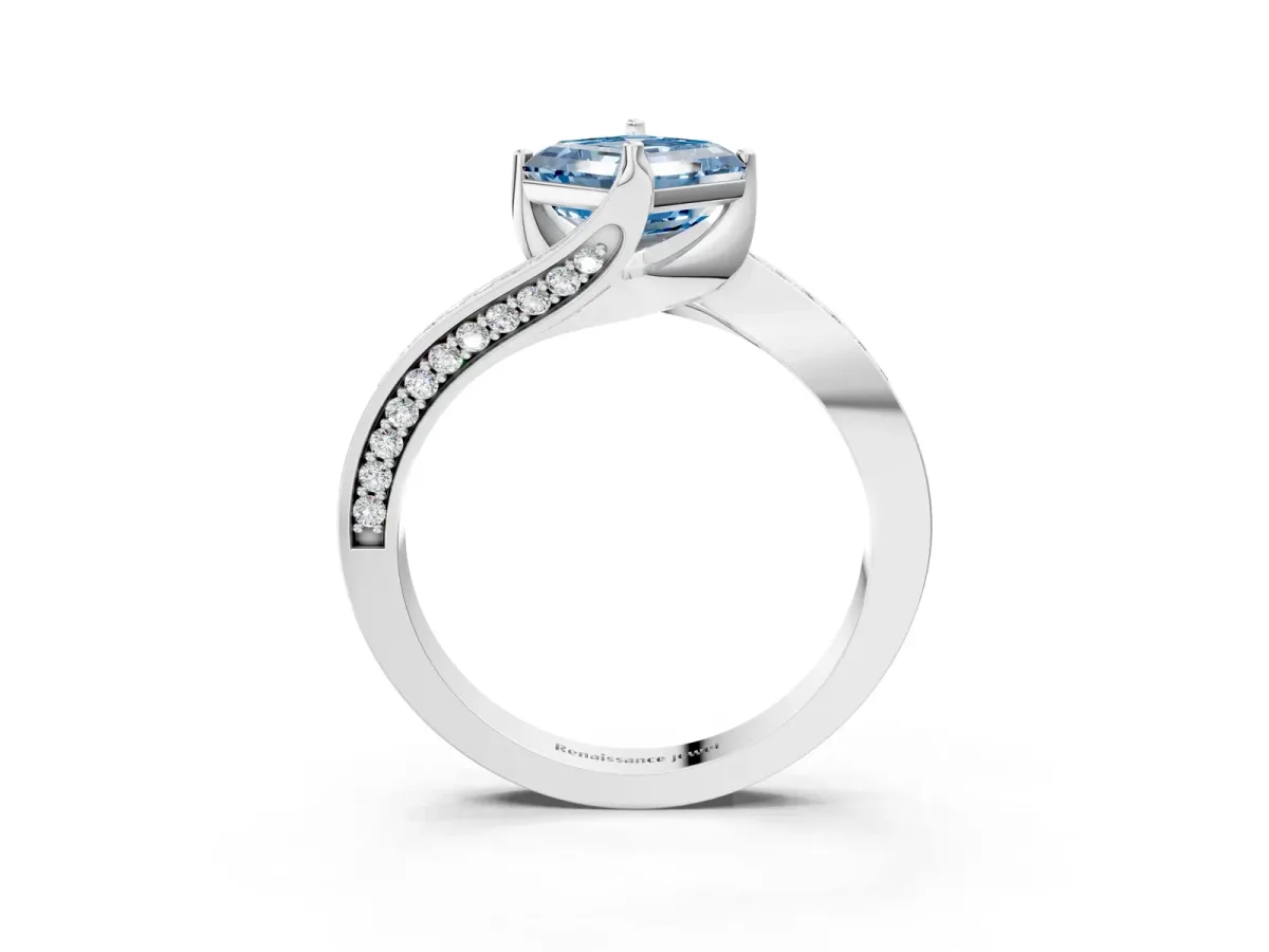 Fancy Blue Asscher Cut Solitaire Diamond Twist Band with Pavé Setting and Four-Prong Setting Platinum