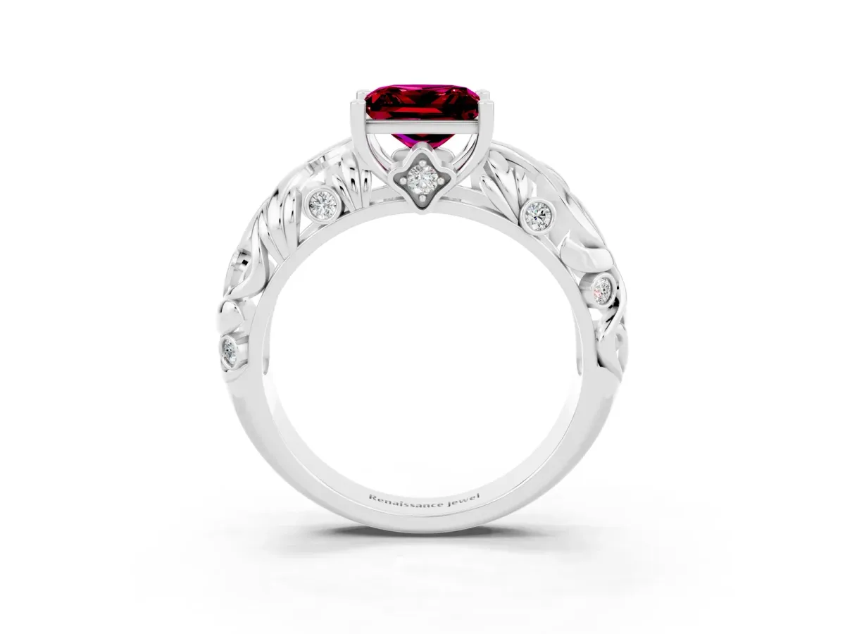 Princess Cut Solitaire Garnet Leaf-Inspired Vine Band Ring with Prong Setting White gold