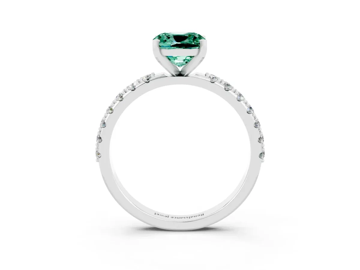 Cushion Cut Green Sapphire Solitaire Pavé Band with Four-Prong Setting Silver