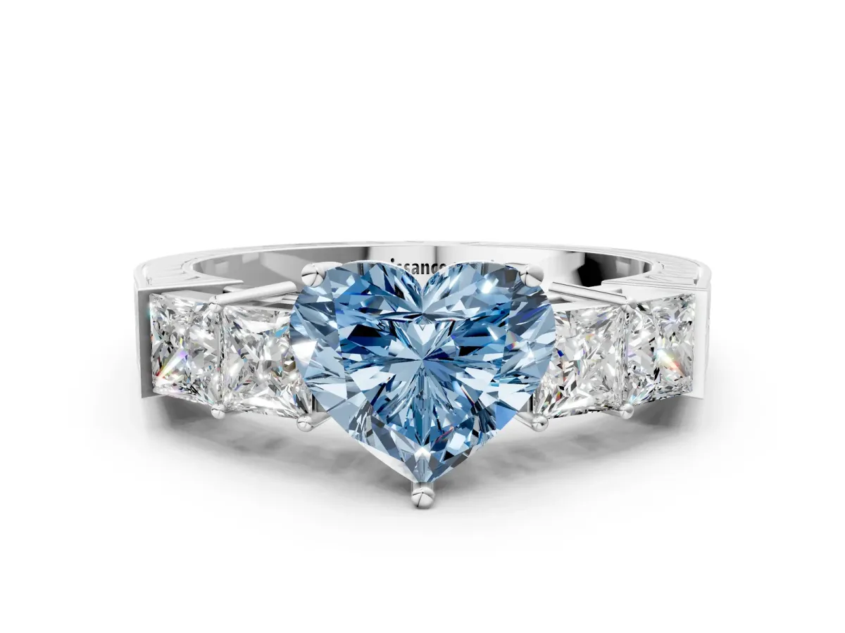 Fancy Blue Heart Cut Solitaire Princess Side Stone Engraved Band Prong Setting Ring Platinum