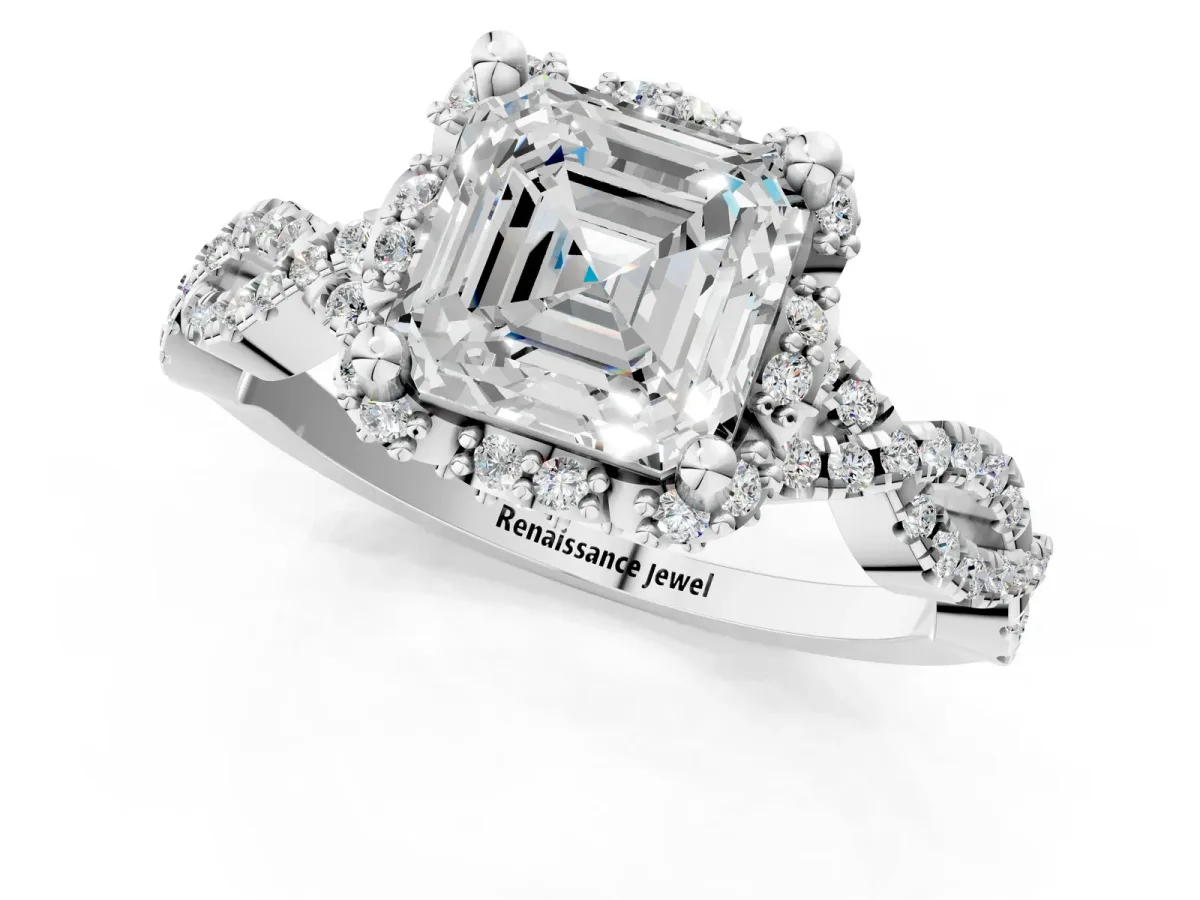 Asscher Cut Halo Twist Band Solitaire Ring with Six-Prong Setting Platinum