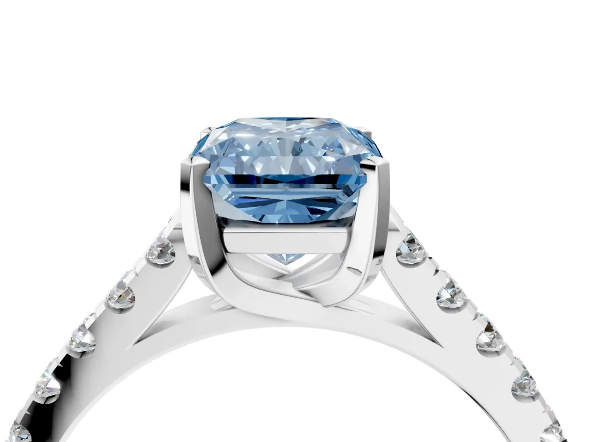 Fancy Blue Radiant Cut Diamond Pavé Band Solitaire Ring with Prong Setting Platinum