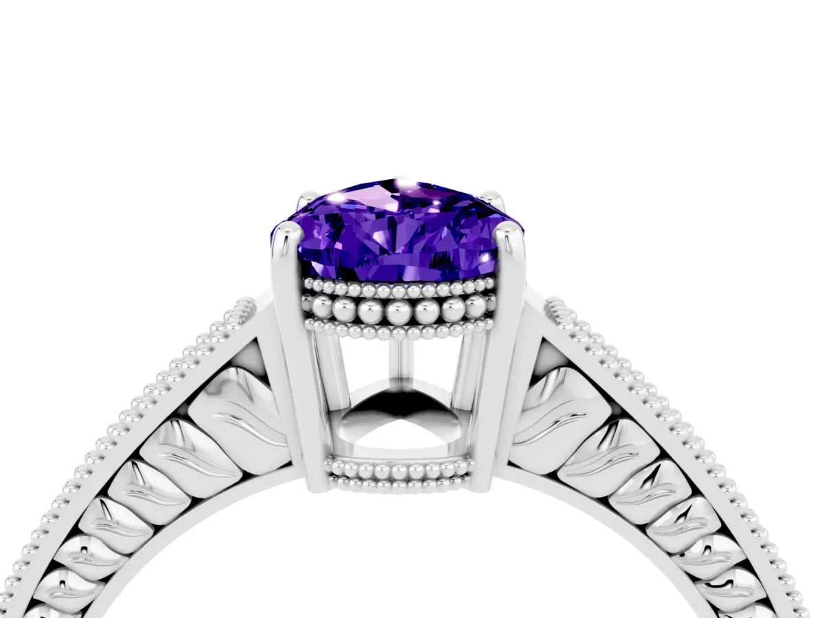 Pear Cut Tanzanite Ring with Milgrain Pavé Band and Four-Prong Setting Platinum