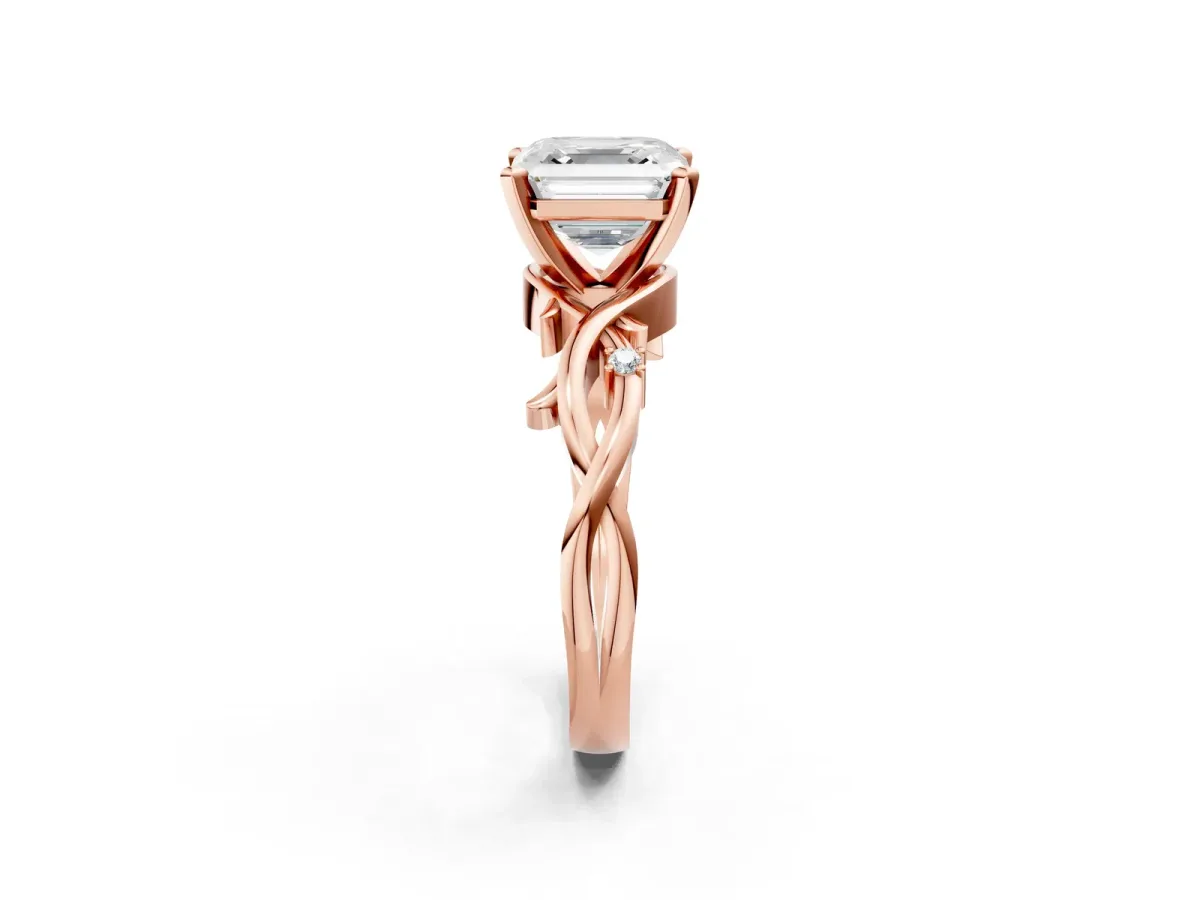 Asscher Cut Diamond Solitaire Ring with Twisted Band and Prong Setting Rose gold