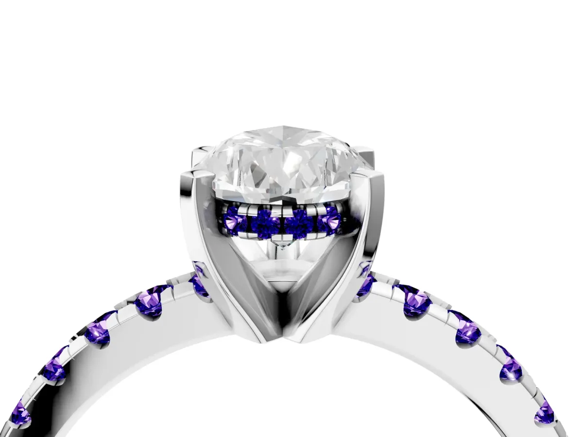 Pear Cut Diamond Solitaire Ring with Round Tanzanite Pavé Band and Four-Prong Setting Silver