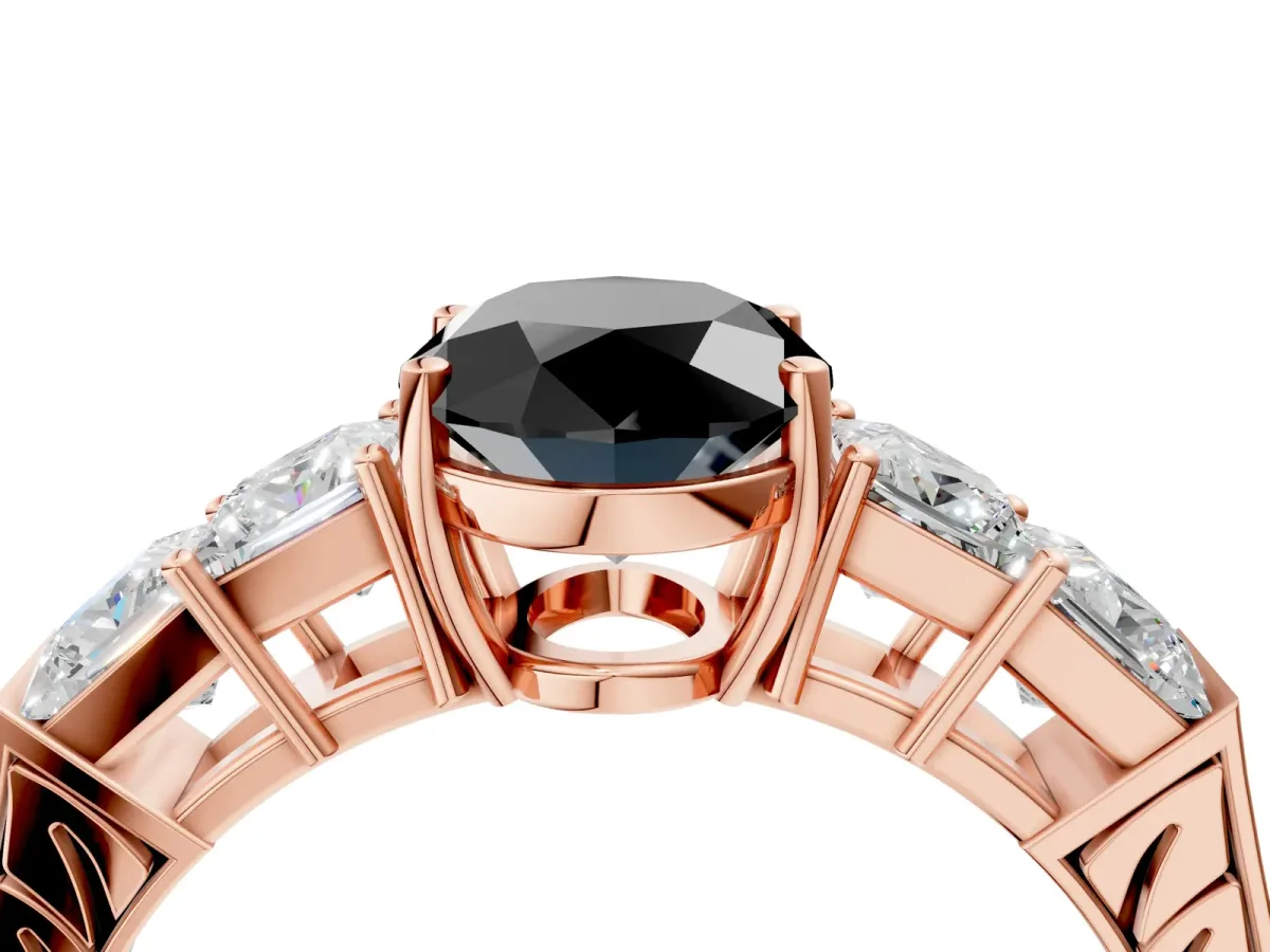 Fancy Black Oval Cut Solitaire Princess Side Stone Engraved Band Prong Setting Ring Rose gold