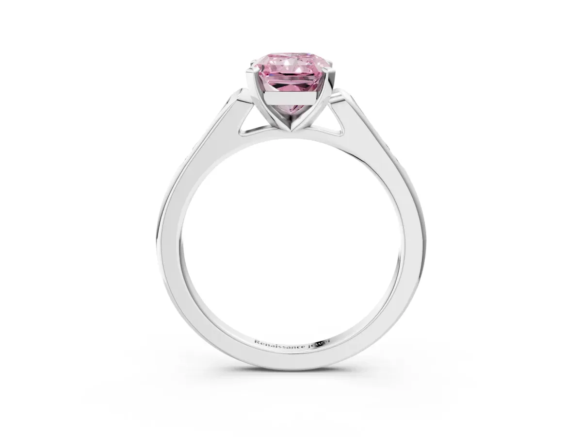 Fancy Pink Radiant Cut Diamond Solitaire Ring with Channel Set Round Band and Prong Setting Silver