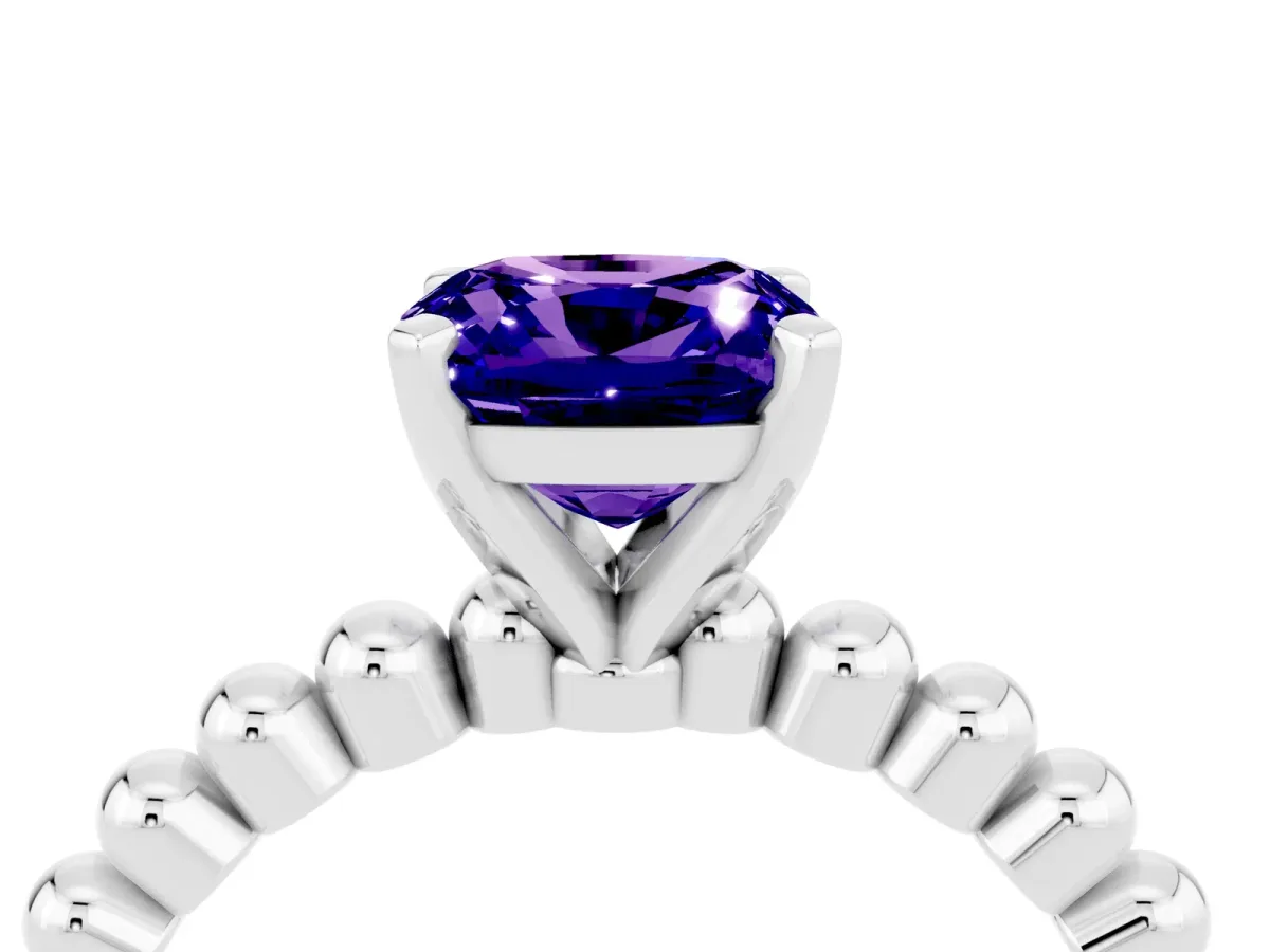 Cushion Cut Tanzanite Solitaire Ring with Beaded Band and Prong Setting Platinum