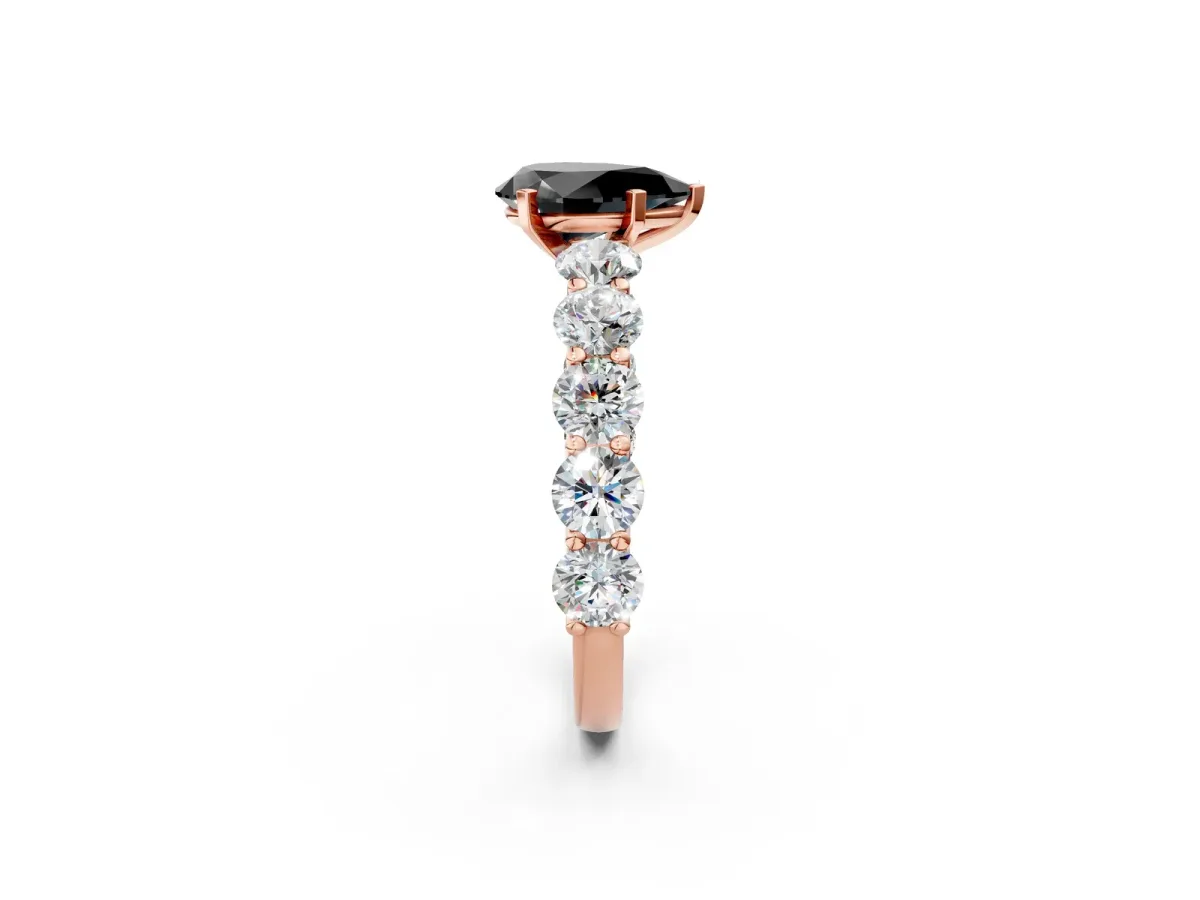 Fancy Black Pear Cut Diamond Prong Setting with Side Stones on a Pave Band Rose gold