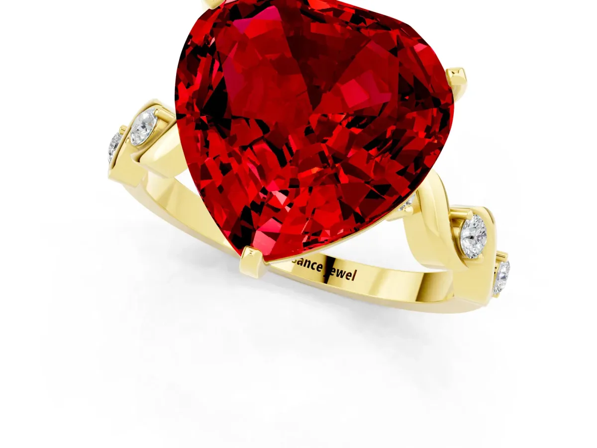 Heart Cut Ruby Solitaire Twisted Band with Round Accents and Prong Setting Yellow gold