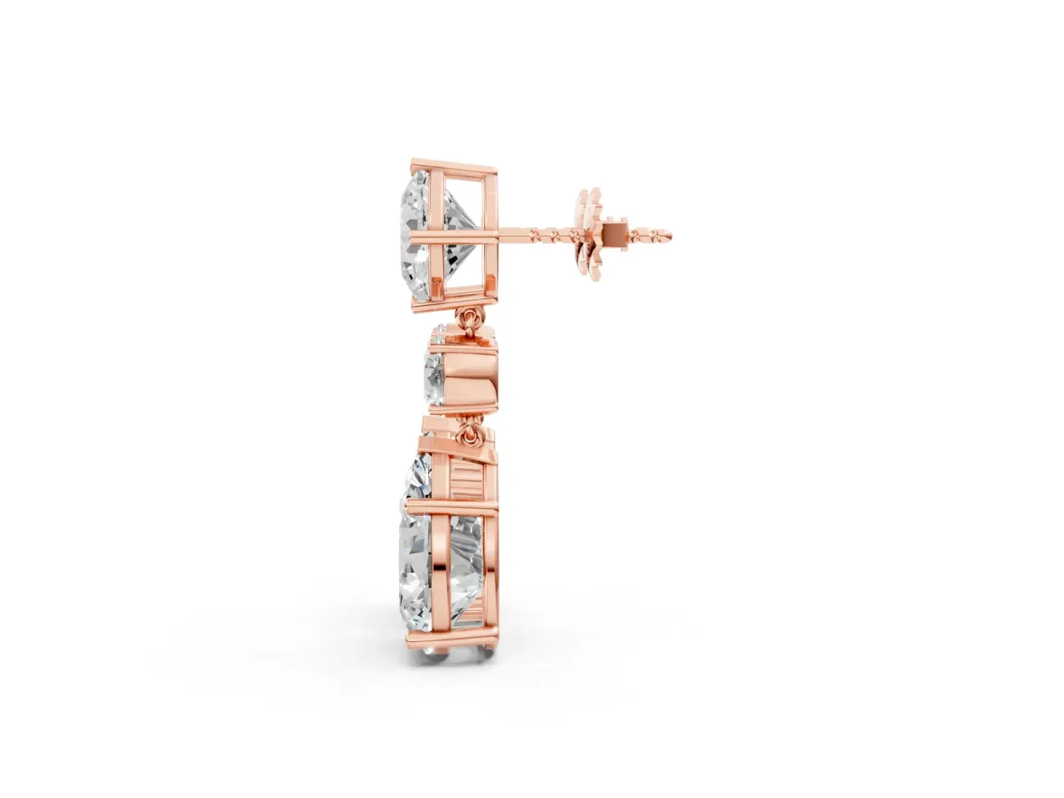 Cushion, Round and Pear Diamond Three-Stone Drop Earrings Rose gold