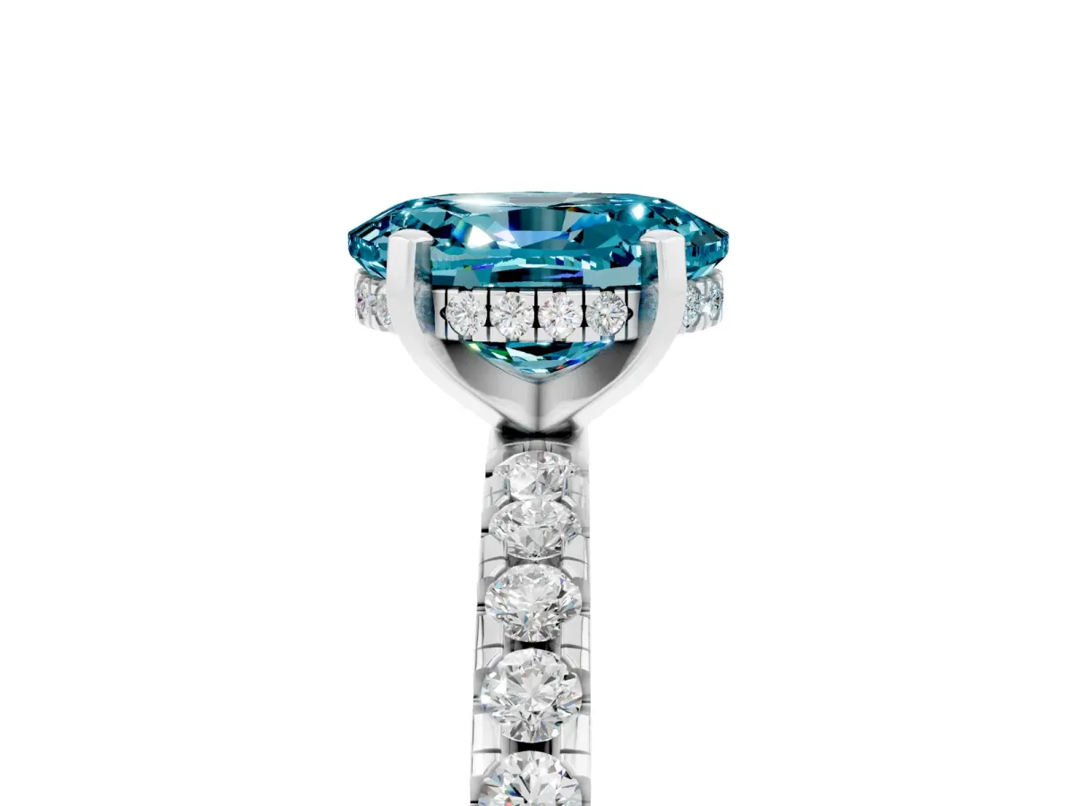 Oval Cut Blue Topaz Solitaire Ring with Round Pavé Band and Four-Prong Setting Silver