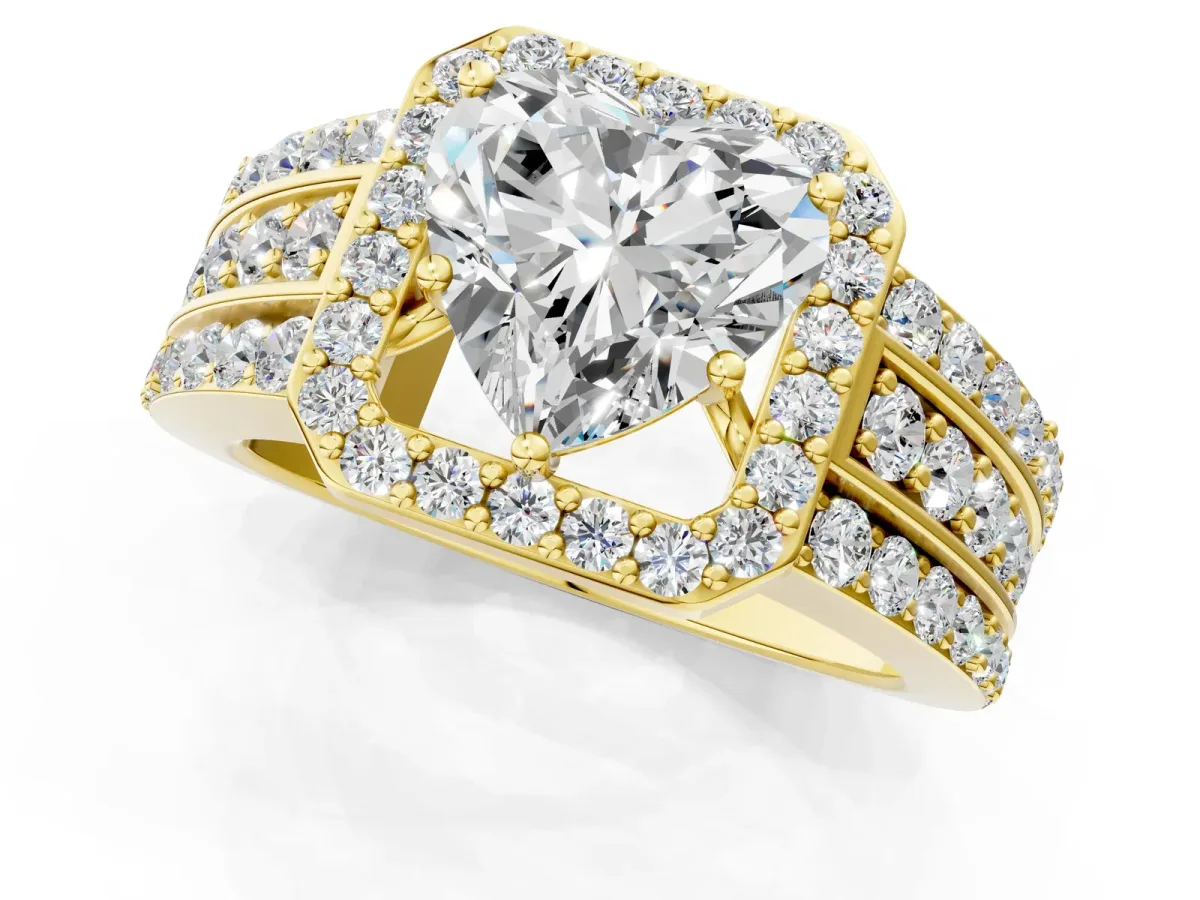 Heart Cut Halo Diamond Ring with Round Split Shank and Prong Setting Yellow gold