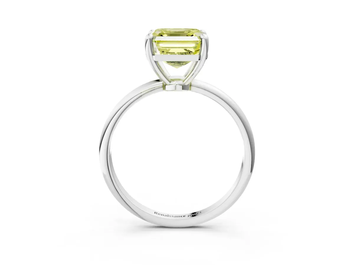 Fancy Yellow Asscher Cut Solitaire Diamond Ring with 4-Prong Setting on a Classic Band White gold
