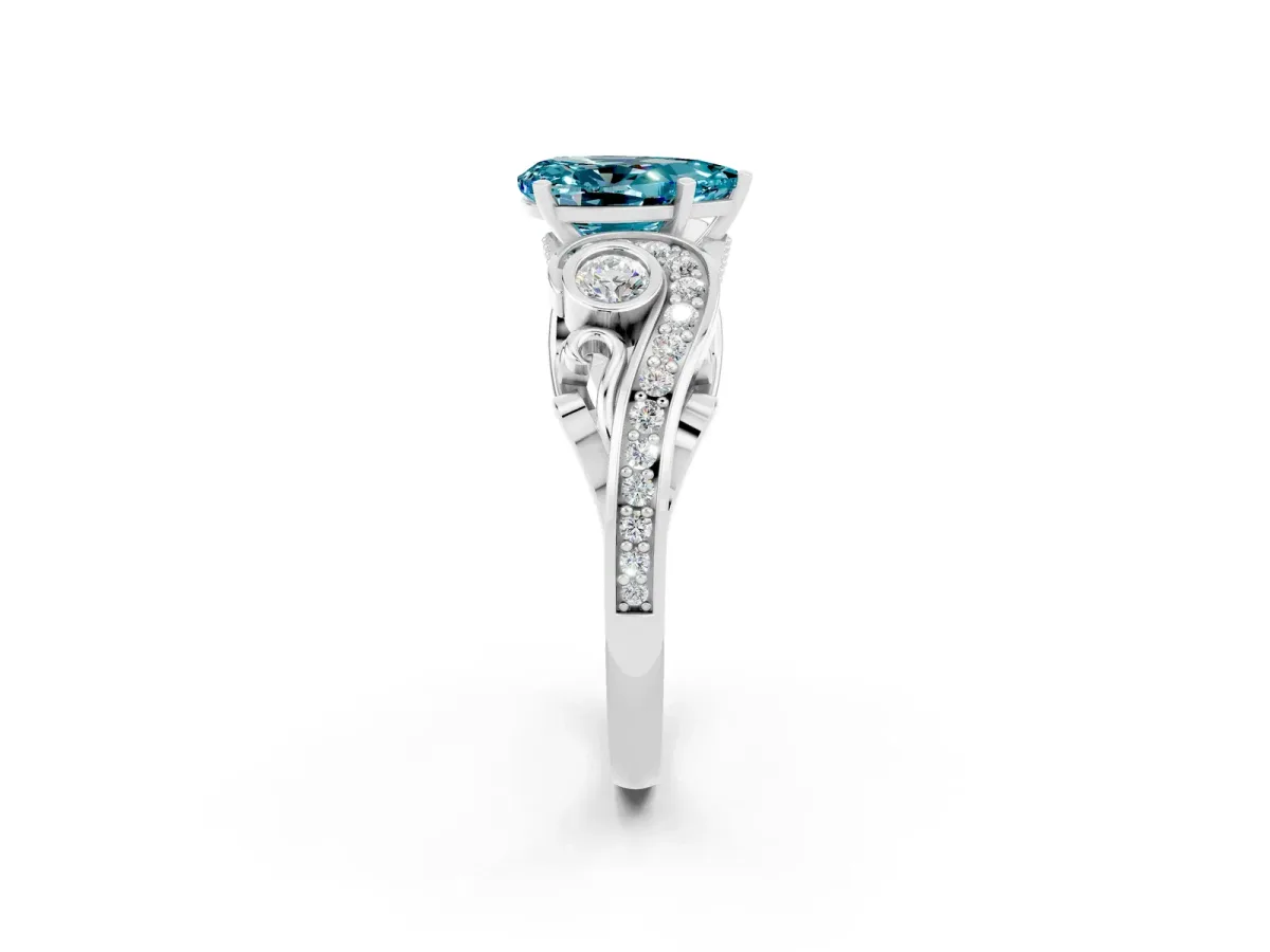 Pear Cut Blue Topaz Solitaire Ring with Milgrain Pavé Band and Four-Prong Setting Silver