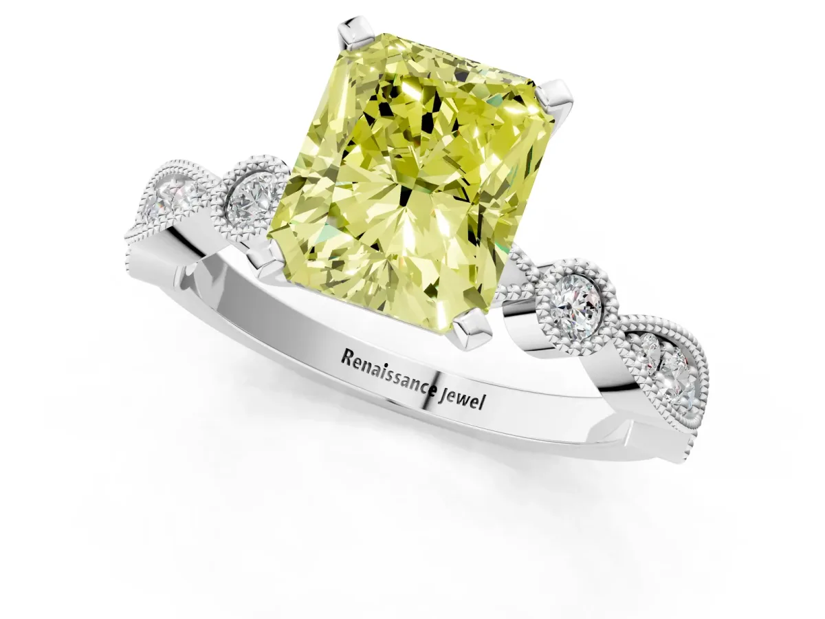 Fancy Yellow Radiant Cut Milgrain Bezel Diamond Engagement Ring with Solitaire Prong Setting Platinum