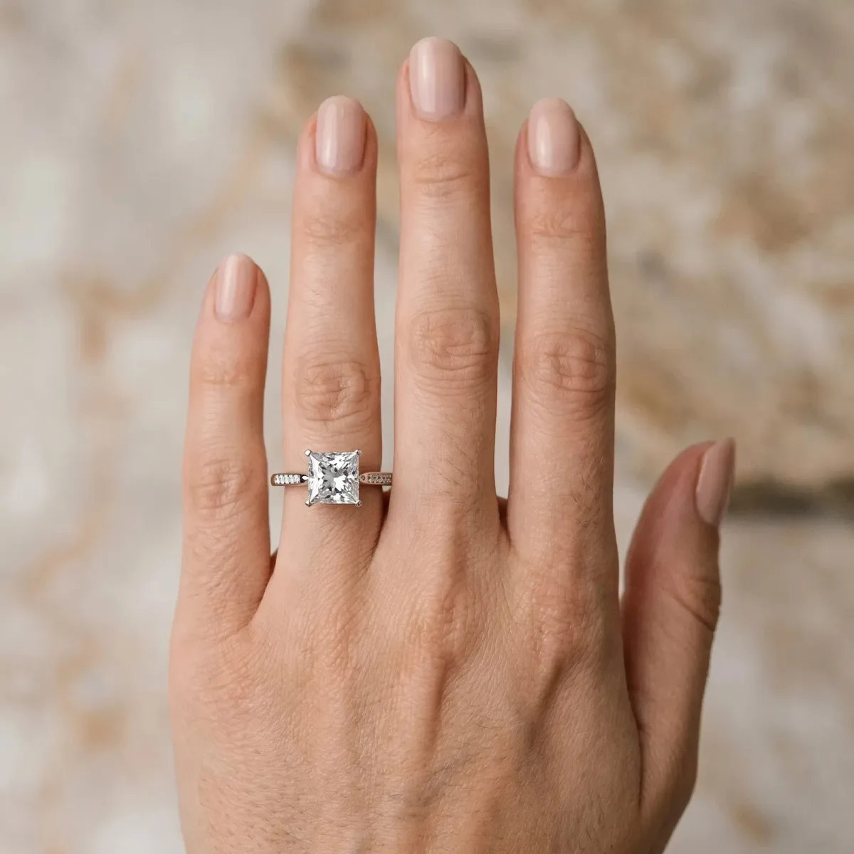 Princess Cut Diamond Solitaire Ring with Channel Set Round Band and Prong Setting Silver